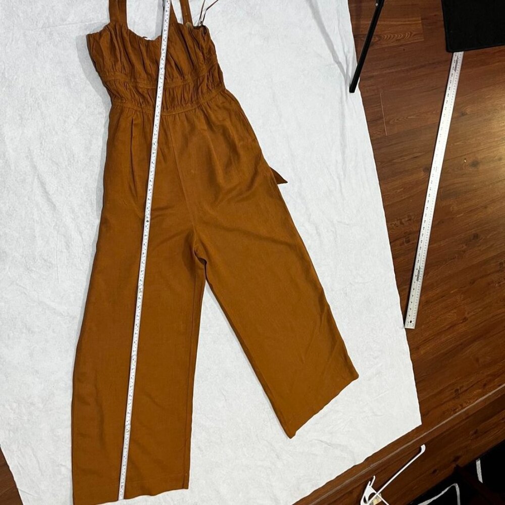 ASTR The Label Mocha Shirred Wide Leg Linen Blend Jumpsuit Brown Medium - Picture 9 of 15